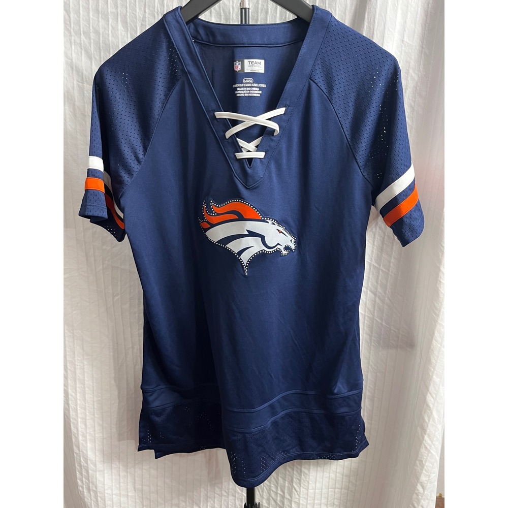 NFL Team Apparel Denver Broncos Womens Navy Blue Lace Up Jersey Top Large